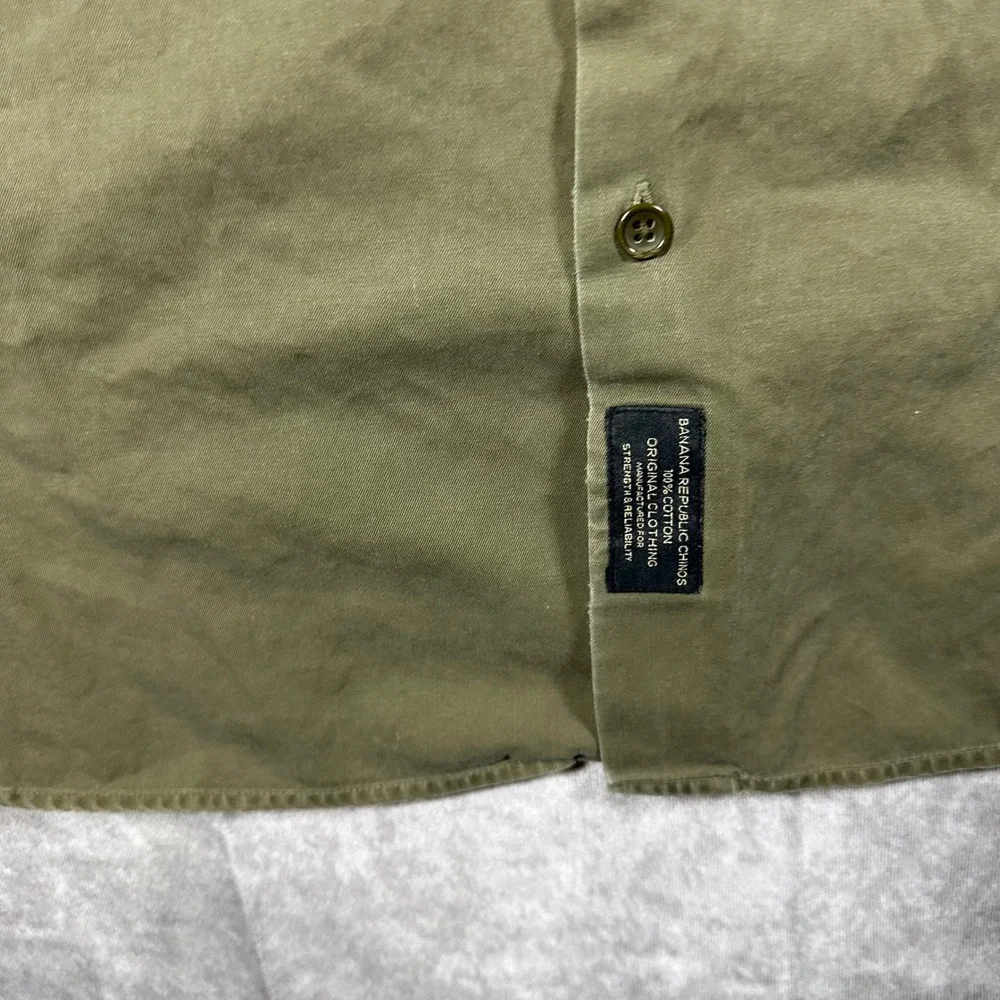 VTG Banana Republic Mens L Olive Green Cotton Military Work Shirt Long Sleeve